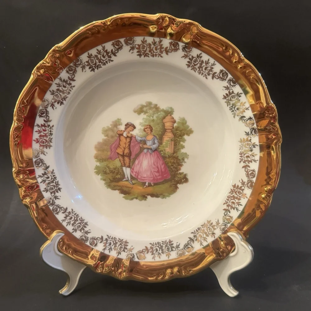Vtg Bavaria Germany Heavy Gold Gilt FragonardStyle Plate Bowl 9.5” WalkingCouple